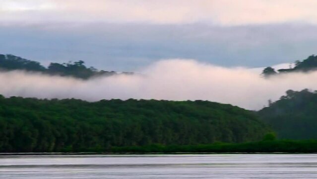 incredible clouds over unique jungle and sea  at Costa Rica in a still shot on a beautiful sunny rainy day with loads of jungle trees leaves sun birds 