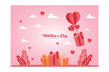 Gift box with heart balloon floating it the sky, Happy Valentine's Day banners, paper art style, flat vector modern illustration