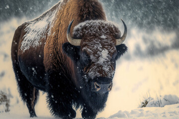 Bison in the Winter in snowstorm. Digital artwork - obrazy, fototapety, plakaty