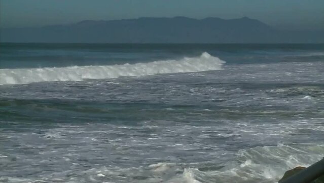 Ocean Heavy Surf on California Coastline with an Island in the Backgrand