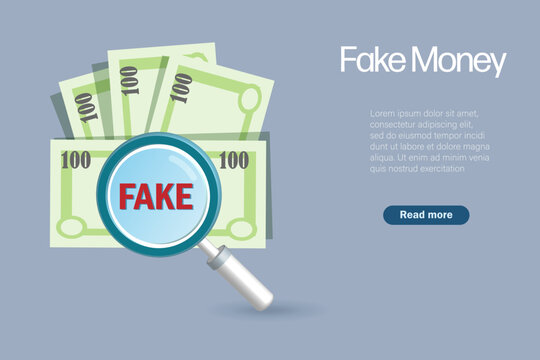Magnifying glass detect fake money banknotes. Financial crime and illegal alert. Vector Illustration.