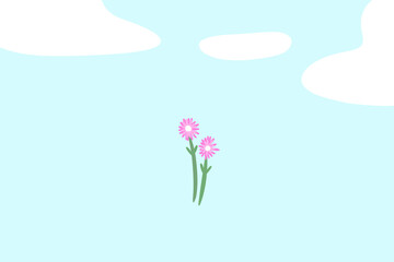 空を舞う二輪のピンク色の花　青空　イラスト