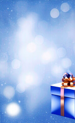 Christmas gifts and Christmas tree toys isolated on a blue background. Holiday banner. Illustration. Created with the help of artificial intelligence.