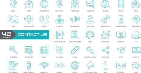 Contact us thin lines Flat Icon Solid style, isolated Basic Communication icon set, easy to change colour and size, Contact information Icon in Vector Format , all are 42 icons