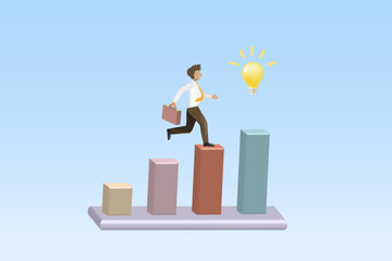 Businessman jumping on growth graph reaching for creative lightbulb. Success and achievement in business career path.