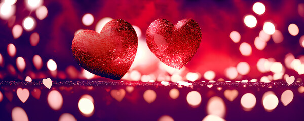Two glittering hearts surrounded by glowing lights. Valentine's hearts.