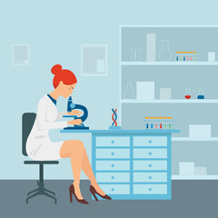 laboratory assistant in the office at the microscope. Scientist with flasks and research work. Medical vector illustration