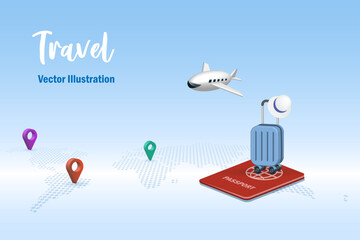 Travel, holiday vacation trip concept. luggage on passport with airplane and pinpoint on world map. 3D vector.