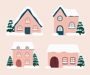 Obraz na płótnie Canvas Snowy Houses Collection. Cottage Buildings in winter. Cartoon snow homes.