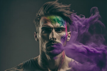 Obraz na płótnie Canvas a fictional person with colorful smoke and paint (generative ai)