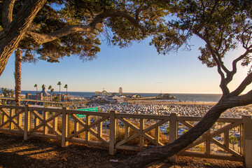 a gorgeous day at Santa Monica Pier with roller coasters, a Ferris wheel, lush green palm trees and...