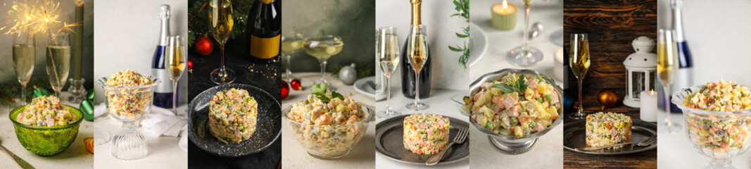 Collage of traditional Olivier salad on table