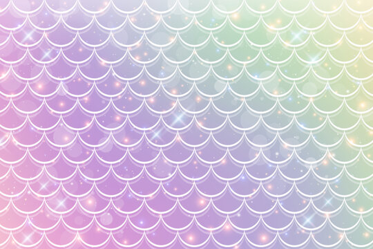 Mermaid holographic background with fish scale pattern. Pink pearl print. Underwater abstract cartoon wallpaper for banner, invitation and holidays. Kawaii vector texture.