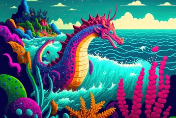 Colorful giant seahorse aquatic dragon creature in the ocean - mythical aquatic sea monster, cartoon stylized illustration art.