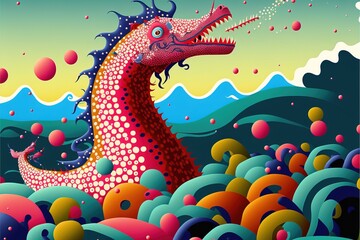 Fototapeta na wymiar Colorful giant seahorse aquatic dragon creature in the ocean - mythical aquatic sea monster, cartoon stylized illustration art.