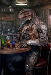Generative AI abstract render of a T-Rex as a barkeeper