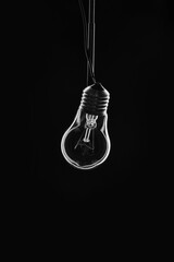 Light bulb hanging on cord against dark background