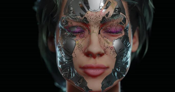 Artificial cyber girl awakening, cyberpunk concept with blonde girl, metal face covered with human skin, transparent background