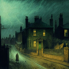 Digital Painting of an Ominous Victorian Figure on a Stormy Night in London under a Lightning Streaked Sky. [Digital Art Painting. Sci-Fi, Fantasy, Horror Background. Graphic Novel, Postcard.] - obrazy, fototapety, plakaty