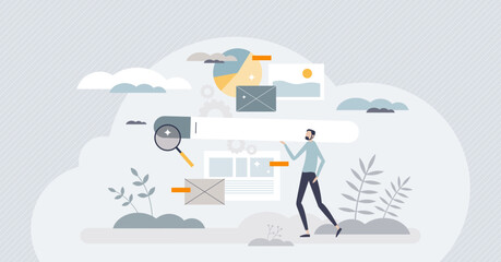 UX research or user experience analysis for website tiny person concept. Effective and responsive web page content interface development with user behavior monitoring and adaption vector illustration.