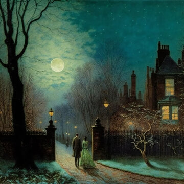 Digital Painting Of A Victorian Couple On A Stroll On A Foggy Moonlit Night In London. [Digital Art Painting. Sci-Fi, Fantasy, Horror Background. Graphic Novel, Postcard, Or Product Image.]