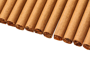 Whole cigarettes isolated on white background, closeup