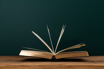 Open book in front of the blackboard