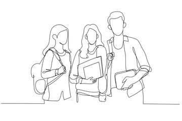 Drawing of group students with books and backpacks looking at camera walking in college campus. Single continuous line art style