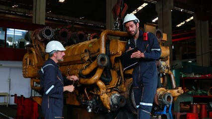 Engineer in the process of inspecting train engines Keep the machine ready for use in the train station. Engineers wear safety clothing and helmets to work safely as standard.

