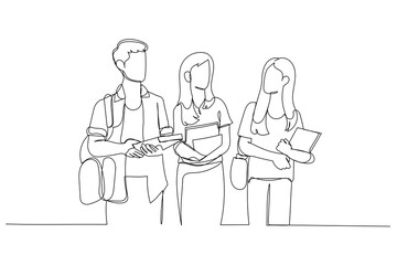 Drawing of group of three students walk together to discuss exam homework. Single continuous line art