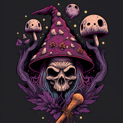 Isolated Graphic Novel Style Witch&rsquo;s Skull Surrounded by Magic Mushrooms and Purple Leaves. [Digital Art Painting. Vector Style. Nature / Fantasy / Horror Background. T-shirt, Graphic Novel, Postcard,