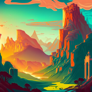 Vector Style Image of a Picturesque Desert Canyon with High Cliffs at Sunset. [Digital Art Painting. Sci-Fi / Fantasy / Historic Background. Graphic Novel, Postcard, or Product Image]