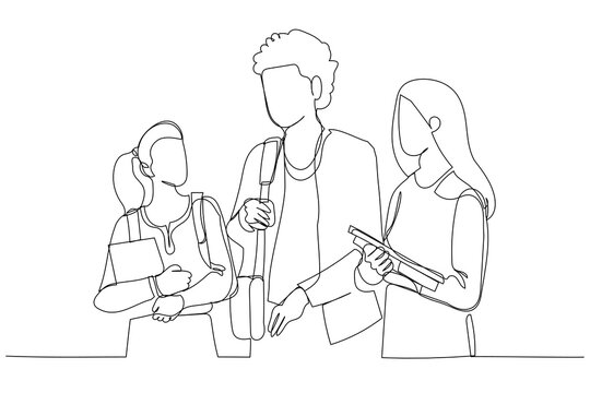 Cartoon of three friendly nice look students talking, sharing news indoor. One continuous line art style