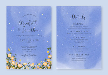Set of Wedding Invitation with Watercolor Night Sky and Yellow Rose Field - 553906309