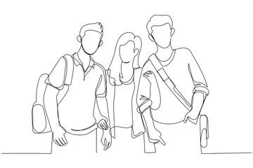 Fototapeta na wymiar Illustration of males and female students standing posing looking to camera. Single line art style