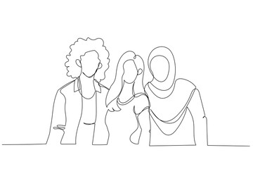 Illustration of group of three friends looking at camera enjoying vacation together. Single continuous line art