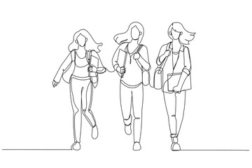 Drawing of group of female student running try not to late for class. Continuous line art style