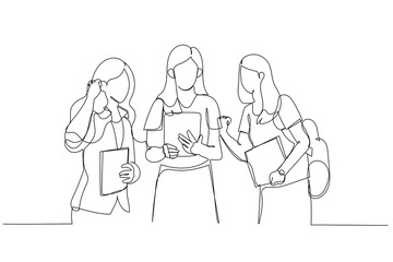 Cartoon of three excited students looking for the news together. One continuous line art style