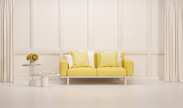 Creative interior design in beige studio with plant pot and armchair. Pastel cream and yellow color background. 3D rendering for web page, presentation or picture frame
