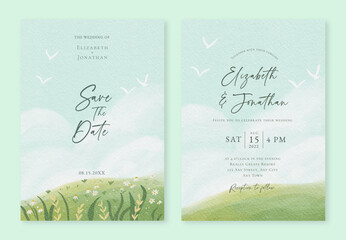 Set of Wedding Invitation with Watercolor Sunny Blue Sky and Daisies Flowers Field - 553906559