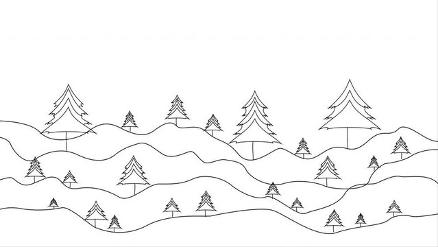 Christmas winter mountain landscape with trees, line art  design animation on white background