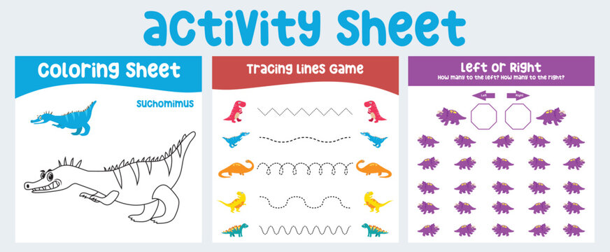 Bundle activity kit for toddlers with the prehistoric animal theme. Printable activity worksheet for children with cute Dinosaurs theme. Kawaii vector illustration dino. 