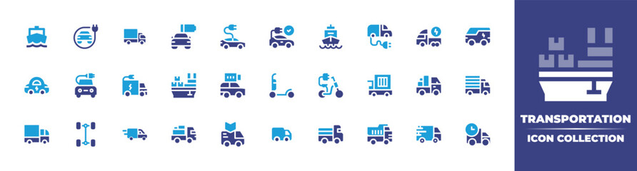 Transportation icon collection. Vector illustration. Containing ship, electric transport, truck, low battery, electric car, boat, electric, car, cargo, electric scooter, electric bike, push, and more.