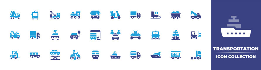 Transportation icon collection. Vector illustration. Containing concrete, trolley bus, well drilling truck, train, school bus, delivery bike, delivery truck, sleigh, mine cart, tow truck, and more.