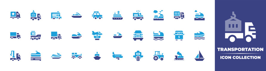Transportation icon collection. Vector illustration. Containing truck, delivery truck, bus, jet ski, jeep, transatlantic, prisoner, logistics delivery, boat, jet, car, water scooter, crane, and more.