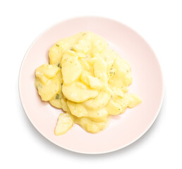 Plate with creamy potato salad on white background