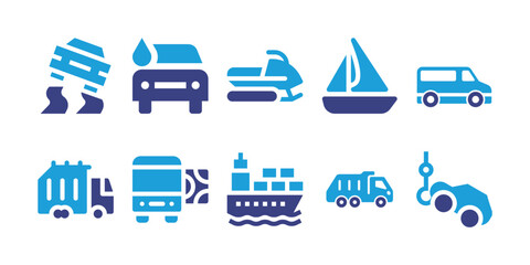 Transportation icon set. Vector illustration. Containing slippery road, car wash, snowmobile, boat, mini van, garbage truck, bus ticket, cargo ship, tow truck