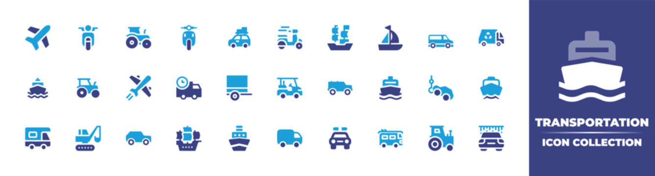 Transportation Icon Collection. Vector Illustration. Containing Plane, Motorcycle, Tractor, Road Trip, Scooter, Ship, Sailboat, Mini Van, Recycling Truck, Airplane, Delivery Truck, Trailer, And More.