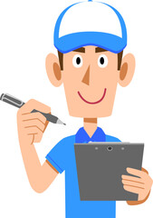 書類に記入する、ポロシャツと帽子を着用した男性の上半身
