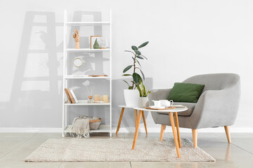 Interior of light living room with armchair, shelving unit, tables and houseplants